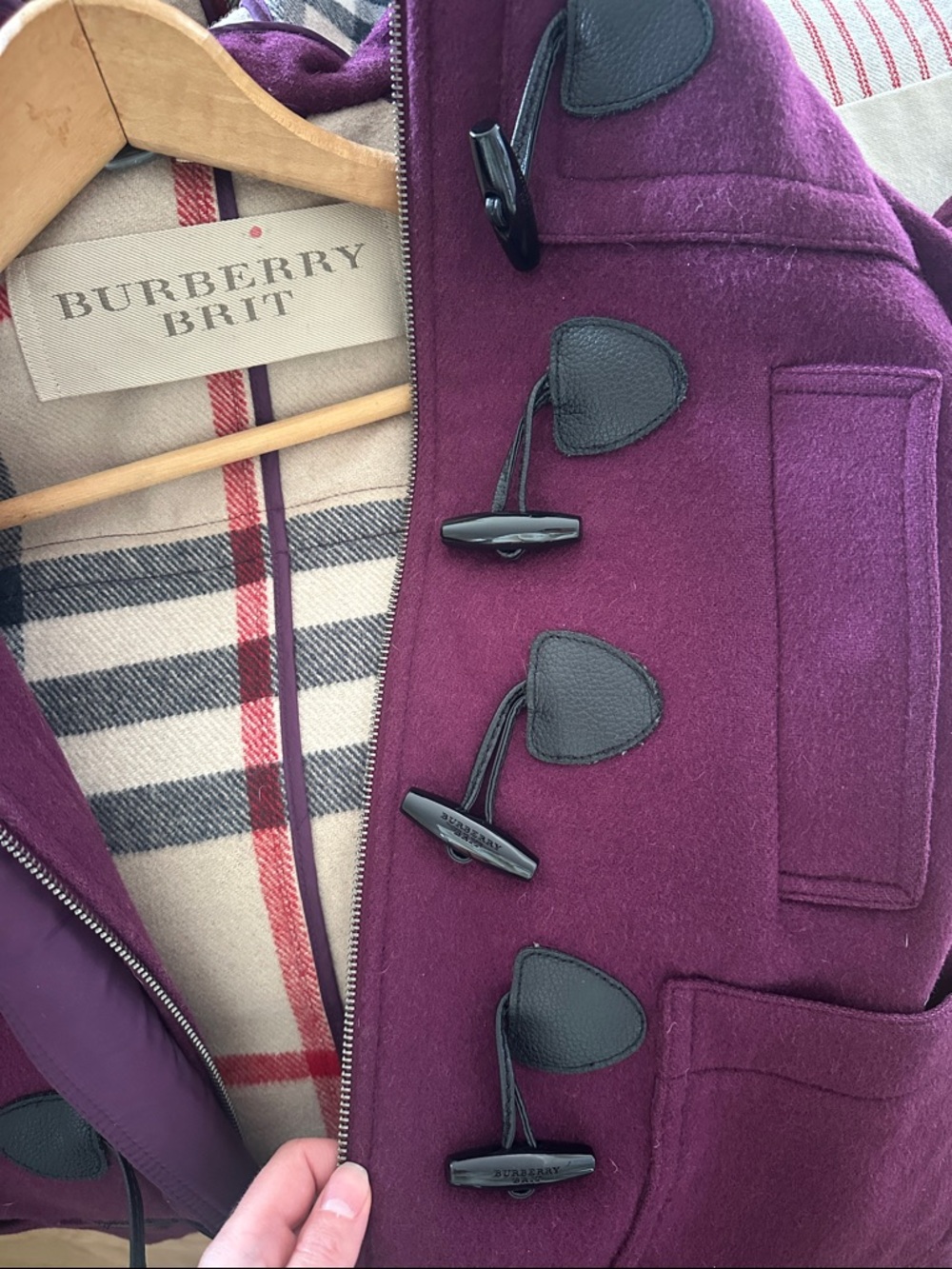 Burberry Plum Wool Toggle Pea Coat with Hood